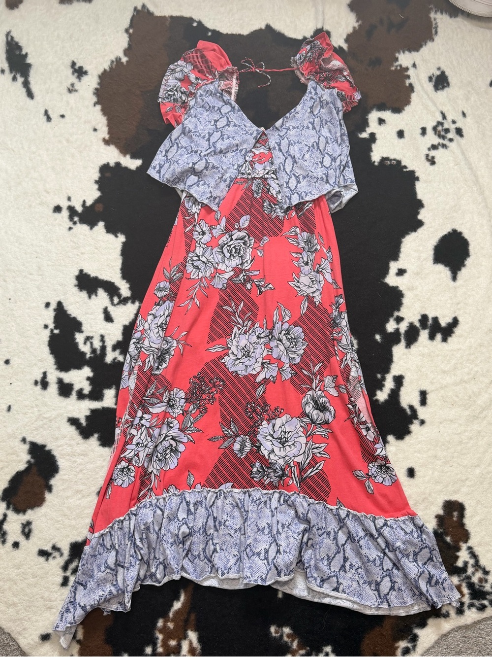 Daily Practice Coral Floral Snake Print Ruffle Maxi Dress Women’s Large Boho - Picture 5 of 8